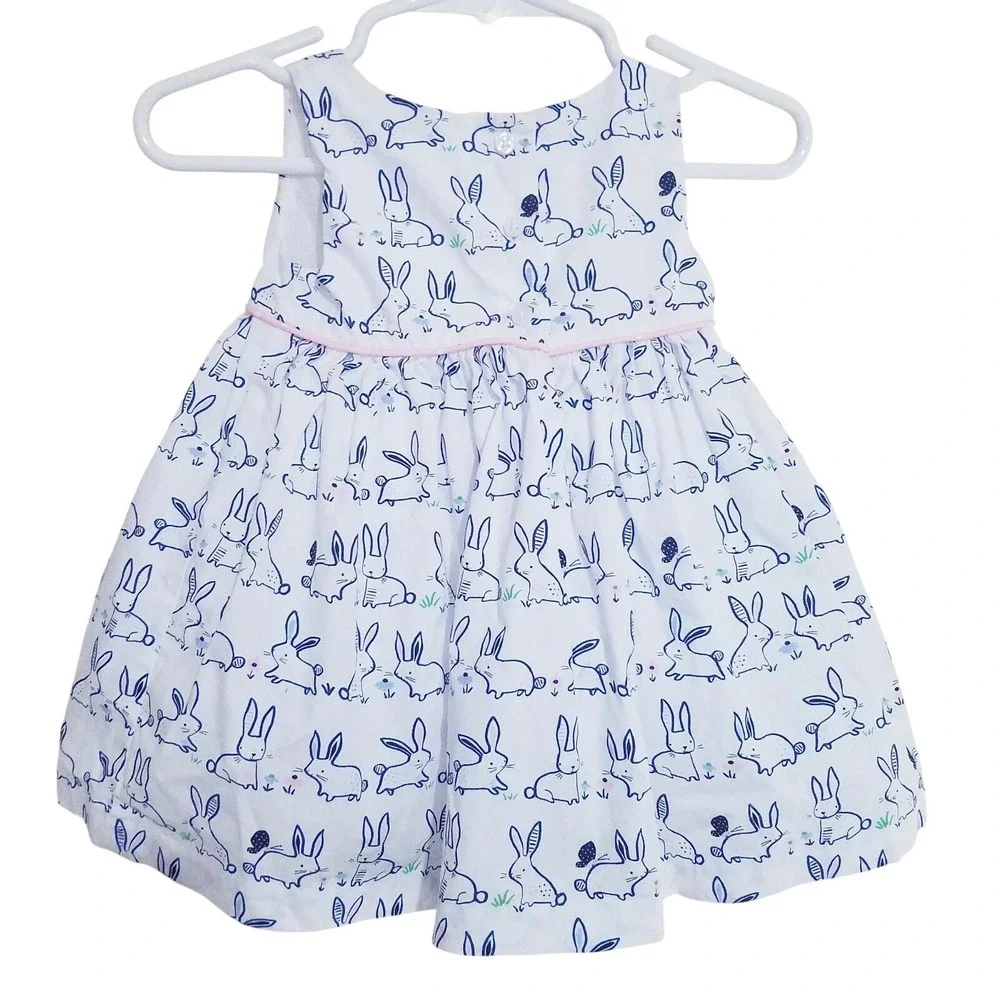 Gymboree Baby Girl White Blue Bunny Rabbit Cotton Dress 3-6 Month Summerer